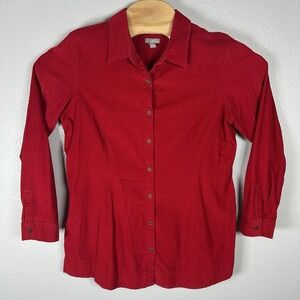J JILL Corduroy Button Up Long Sleeve Shirt Womens Medium Red Cotton Holiday